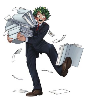 aged_up boku_no_hero_academia card_(medium) carrying catching clumsy files formal_clothes freckles green_eyes green_hair highres jacket messy_hair midoriya_izuku nectie scar scar_on_face shounen_jump suit teacher
