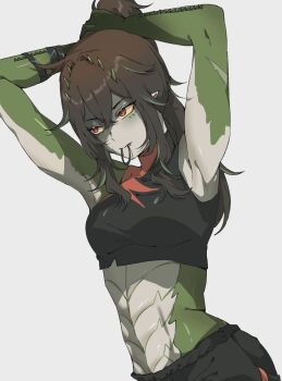1girl adjusting_hair black_pants black_shirt brown_hair colored_sclera commentary crocodile_girl cyanillust english_commentary green_scales green_streaks highres indie_virtual_youtuber kairyu_crocodile long_hair mouth_hold multicolored_hair pants pointy_ears red_eyes shirt solo streaked_hair virtual_youtuber yellow_sclera