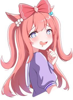 1girl absurdres agnes_digital_(umamusume) animal_ears asagizu blue_eyes blush bow bowtie commentary drooling hair_bobbles hair_ornament heart heart-shaped_pupils highres horse_ears horse_girl long_hair looking_at_viewer mouth_drool open_mouth pink_bow pink_hair puffy_short_sleeves puffy_sleeves purple_shirt sailor_collar sailor_shirt school_uniform shirt short_sleeves simple_background smile solo symbol-shaped_pupils tracen_school_uniform two_side_up umamusume white_background white_bow white_bowtie white_sailor_collar