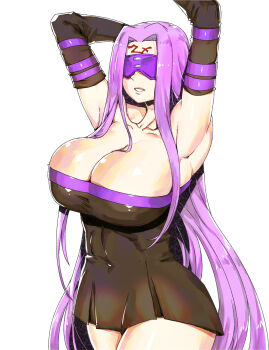 1girl absurdres armpits arms_up bare_shoulders black_dress blindfold breasts cleavage collar commentary covered_navel detached_sleeves dress english_commentary facial_mark fate/stay_night fate_(series) forehead forehead_mark highres large_breasts long_hair medusa_(fate) medusa_(rider)_(fate) minew parted_bangs purple_hair short_dress sidelocks solo very_long_hair