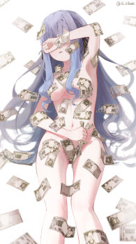 1girl absurdres bandaid bandaid_on_pussy bang_dream! bang_dream!_it's_mygo!!!!! banknote black_ribbon blue_hair breasts commentary convenient_censoring hair_ribbon highres kitsune_yo long_hair medium_breasts money navel open_mouth ribbon sidelocks simple_background solo togawa_sakiko twitter_username white_background