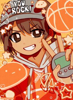 1boy :d absurdres alternate_eye_color artist_name baseball_cap blush bright_pupils brown_eyes brown_hair cinnotomon commentary dark-skinned_male dark_skin film_grain fingernails grey_hat grin hat hector_(omori) highres hood hood_down hoodie kel_(birthday)_(omori) kel_(faraway)_(omori) kel_(omori) looking_at_viewer male_focus omori open_mouth orange_hoodie orange_theme rectangular_pupils smile solo symbol-only_commentary teeth upper_body v v-shaped_eyebrows white_pupils