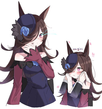 ! !! 1girl 1other :i absurdres ambiguous_gender animal_ears bare_shoulders black_hat blue_flower blue_rose brown_hair commentary_request dress eye_trail flower hair_over_one_eye hat hat_flower highres horse_ears horse_girl light_trail long_hair looking_at_viewer multiple_views off-shoulder_dress off_shoulder ponzu_purin purple_eyes rice_shower_(rosy_dreams)_(umamusume) rice_shower_(umamusume) rose simple_background strapless strapless_dress tilted_headwear umamusume white_background wiping_face