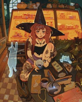 1girl amulet arm_tattoo artist_logo backpack bag bakery black_eyes black_shirt book bowl bread bread_bun butterfly_tattoo cake cat cellphone chair chest_tattoo choker closed_mouth coffee_mug commentary computer crop_top cup cupcake day display_case donut english_commentary flask food ghost hat heart heart-shaped_food highres holding holding_cup indoors jar knee_to_chest laptop leg_tattoo lipstick loaf_of_bread logo long_hair looking_at_viewer makeup menu miniskirt moon_tattoo mug open_bag original pastry pen phone plant plate potted_plant purple_skirt red_hair shirt shop simz sitting skirt skull_sticker skull_tattoo smartphone solo sparkle spider_web_tattoo strawberry_sticker tattoo tattoo_sleeve tile_floor tiles window witch_hat