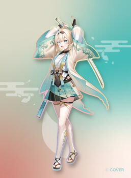 1girl aqua_eyes black_gloves blonde_hair breasts chest_sarashi clothing_cutout collarbone commentary_request company_name copyright_notice covered_navel double-parted_bangs egasumi fingerless_gloves full_body gloves hair_ornament hakama hakama_short_skirt hakama_skirt hands_up haori headband high_ponytail hip_vent holding holding_sword holding_weapon hololive japanese_clothes katana kazama_iroha kazama_iroha_(1st_costume) leaf_hair_ornament leotard leotard_under_clothes light_blush long_sleeves looking_ahead multi-strapped_footwear obi obijime official_art open_mouth outline pleated_skirt ponytail samurai sandals sarashi sash scabbard sheath skirt smile solo sunoko_(kves3787) sword tabi thighhighs unsheathed virtual_youtuber weapon white_thighhighs zouri