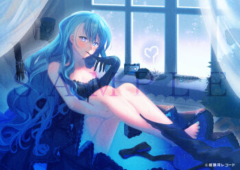 1girl bare_arms bare_shoulders barefoot biting biting_glove black_bow black_dress black_gloves blue_eyes blue_hair blue_nails blush bow breasts cleavage closed_mouth commentary_request crossed_legs curtains dress gloves hair_between_eyes heart hugging_own_legs indoors ittokyu knees_up lace lace-trimmed_dress lace_trim long_hair looking_at_viewer medium_breasts nagihara_suzuna nail_polish official_art riot_music sample_watermark sitting smile solo toenail_polish toenails transparent very_long_hair virtual_youtuber watermark window