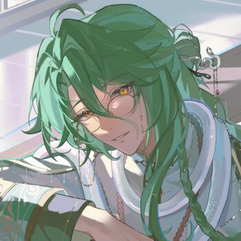 1boy ahoge alternate_costume animal animal_around_neck baizhu_(genshin_impact) bead_necklace beads braid capelet changpao changsheng_(genshin_impact) chinese_clothes chinese_commentary eyewear_strap genshin_impact glasses green_capelet green_hair hair_between_eyes hair_bun hair_ornament hair_stick half_updo indoors jewelry long_hair long_hair_between_eyes long_sleeves looking_at_viewer luningzi male_focus necklace parted_lips portrait robe round_eyewear side_braid single_hair_bun slit_pupils smile snake snake_hair_ornament snake_wrapped_around_neck solo white_robe white_snake yellow-framed_eyewear yellow_eyes