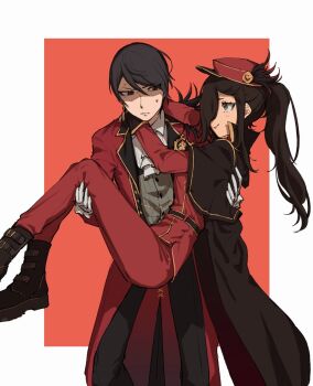 2boys ascot black_cape black_eyes black_gloves black_hair black_pants boots cape capelet carrying closed_mouth coat commentary_request crossdressing crossdressing_(mtf) formal_clothes gloves hair_over_one_eye hat highres jacket long_hair long_sleeves looking_at_another male_focus military military_uniform mintsu_hm multiple_boys natsuki_subaru natsumi_schwarz pants ponytail princess_carry re:zero_kara_hajimeru_isekai_seikatsu red_background red_coat red_jacket red_pants shaded_face shirt simple_background smile suit sweatdrop tongue tongue_out vincent_vollachia white_ascot white_gloves