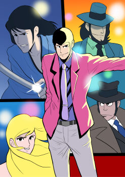 1girl 4boys absurdres arsene_lupin_iii beard black_hair black_necktie blonde_hair blue_necktie collared_shirt commentary_request facial_hair hat hat_over_eyes highres holding holding_sword holding_weapon ishikawa_goemon_xiii japanese_clothes jigen_daisuke lupin_iii lupin_iii_part_3 mine_fujiko multiple_boys necktie rebirthkamisennin shirt sideburns smile sword tie_clip weapon zenigata_kouichi