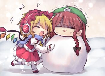 Rule 34 | 2girls, arms up, beret, black bow, blonde hair, blue scarf, blush, bow, braid, brown hair, closed eyes, closed mouth, commentary request, crystal, dress, earmuffs, flandre scarlet, footwear bow, frilled dress, frilled hairband, frills, gloves, green hat, hair between eyes, hair bow, hairband, hands up, hat, hat ornament, hong meiling, jewelry, juliet sleeves, leg up, long hair, long sleeves, multicolored wings, multiple girls, musical note, one-hour drawing challenge, open clothes, open mouth, open vest, puffy sleeves, red bow, red dress, red hairband, red shoes, red vest, running, scarf, shaded face, shirt, shoes, short hair, sky, smile, snow, snowflakes, snowing, socks, star (symbol), star hat ornament, touhou, twin braids, unime seaflower, vest, white gloves, white shirt, white sleeves, white socks, wings, yellow sky