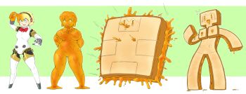 1girl aigis_(persona) blonde_hair blue_eyes bow breasts confused curvy female_focus food food_creature gynoid henshin highres large_breasts lips living_food magic persona persona_3 ribbon robot robot_girl sandwich short_hair solo standing subakitsu thick_thighs thighhighs thighs transformation transformation_(object) video_game wide_hips