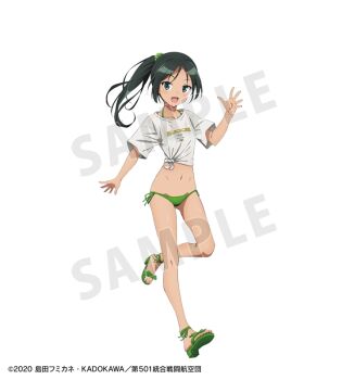 1girl alternate_hairstyle artist_request bikini black_hair francesca_lucchini full_body green_bikini green_eyes long_hair long_sleeves looking_at_viewer navel official_alternate_costume official_art open_mouth sample_watermark sandals shirt simple_background solo standing strike_witches swimsuit watermark white_background white_shirt world_witches_series