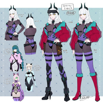 4girls animal_ears artoria_pendragon_(fate) artoria_pendragon_(lancer_alter)_(fate) bare_shoulders belt blonde_hair blue_hair bodysuit braid braided_ponytail breasts carmilla_(fate) cleopatra_(fate) concept_art detached_sleeves fate/grand_order fate_(series) fox_tail grey_hair high_heels highres holster jacket large_breasts looking_at_viewer mash_kyrielight multiple_girls open_clothes open_jacket pink_hair redrop signature tail yellow_eyes