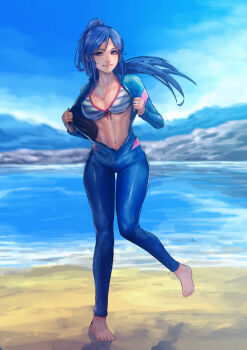 1girl abs absurdres beach blue_hair blue_sky bodysuit breasts cirenk cleavage closed_mouth collarbone commentary commission day diving_suit english_commentary feet full_body hair_between_eyes high_ponytail highres knees_together_feet_apart long_hair looking_at_viewer love_live! love_live!_sunshine!! matsuura_kanan medium_breasts mixed-language_commentary navel no_shoes open_bodysuit open_clothes open_wetsuit outdoors ponytail purple_eyes revision sand shaded_face sky solo standing standing_on_one_leg swimsuit water wetsuit