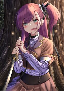 Rule 34 | 1girl, black choker, blood, blood from mouth, blue eyes, blush, brown jacket, brown skirt, choker, collared shirt, commentary request, crying, crying with eyes open, highres, holding, holding sword, holding weapon, jacket, katana, long hair, long sleeves, looking at viewer, misogin, one side up, open mouth, origami family's elite guard uniform, outdoors, pink hair, pleated skirt, shirt, skirt, solo, striped clothes, striped shirt, sword, tears, toji no miko, tree, tsubakuro yume, weapon, white shirt