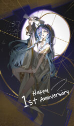 Rule 34 | 1girl, 37 (reverse:1999), :o, absurdres, ancient greek clothes, anniversary, arm up, armlet, artist name, bare legs, blue eyes, blue hair, character name, copyright notice, dark background, emphasis lines, english text, eyes visible through hair, feet out of frame, gold choker, golden spiral, greco-roman clothes, hair over one eye, hand up, highres, holding, holding paper, leg up, long hair, open mouth, paper, paper roll, penglaiyuzhi yinghuiyue, reverse:1999, shadow, single bare shoulder, solo, spotlight, toga, very long hair