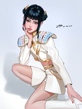 Rule 34 | 1girl, absurdres, armor, black hair, blunt bangs, boots, brown eyes, closed mouth, dated, double bun, gold trim, grey background, hair bun, hand on own face, highres, jacket, justb1aze, kpop demon hunters, medium hair, midriff, nail polish, on one knee, red nails, shoulder armor, sidelocks, skirt, solo, tassel, white boots, white jacket, white skirt, zoey (kpop demon hunters)