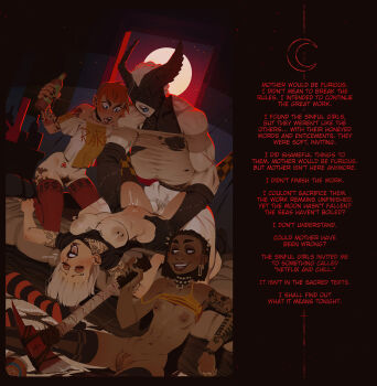 1futa 3girls axe bed beer_bottle breasts collar commentary dark-skinned_female dark_skin english_commentary english_text futa_with_female futanari highres incase large_breasts mask medium_breasts missionary moon multiple_girls muscular muscular_female original pale_skin penis punk pussy scar sex small_breasts spiked_collar spikes stomach_bulge tall_female tattoo vaginal window