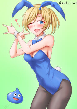 Rule 34 | 1girl, animal ears, anti (untea9), black pantyhose, blonde hair, blue eyes, blue leotard, blush, bow, bowtie, breasts, cleavage, commentary request, cosplay, detached collar, dragon quest, dragon quest iii, fake animal ears, gadabout (dq3), gadabout (dq3) (cosplay), green background, highres, kantai collection, leotard, looking at viewer, maikaze (kancolle), open mouth, pantyhose, playboy bunny, ponytail, rabbit ears, short hair, slime (dragon quest), smile, strapless, strapless leotard, wrist cuffs