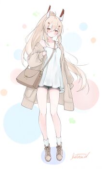 Rule 34 | 1girl, :o, absurdres, adversarial noise, alternate costume, ayanami (azur lane), azur lane, bag, bare legs, bare shoulders, black shorts, blonde hair, blush, bow, breasts, brown bag, brown jacket, brown shoes, casual, collarbone, commentary request, dress, full body, hair between eyes, hair ornament, handbag, headgear, high ponytail, highres, jacket, livetarica, long hair, looking at viewer, open clothes, open jacket, orange eyes, polka dot, polka dot background, ponytail, shoes, shorts, signature, simple background, small breasts, sneakers, socks, solo, spaghetti strap, standing, thighs, white background, white bow, white dress, white socks