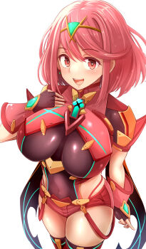 Rule 34 | 1girl, blush, bob cut, breasts, brown gloves, chest jewel, commentary request, core crystal (xenoblade), covered navel, cowboy shot, earrings, fingerless gloves, gem, gloves, green gem, hand on own chest, highres, impossible clothes, jewelry, kitayama miuki, large breasts, medium hair, open mouth, pyra (xenoblade), red eyes, red hair, red shorts, short hair, short shorts, shorts, simple background, smile, solo, tiara, upper body, white background, xenoblade chronicles (series), xenoblade chronicles 2