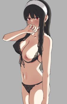 1girl absurdres black_bra black_hair black_panties bra breasts earrings front-tie_bra grey_background hairband highres jewelry large_breasts long_hair nipples one_breast_out panties red_eyes rekiart simple_background solo spy_x_family underwear white_hairband yor_briar