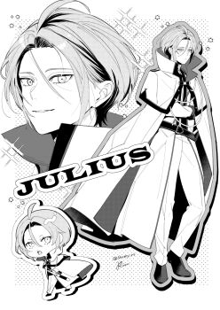 1boy ahoge belt cape character_name chibi chibi_inset commentary_request crossed_arms curtained_hair full_body greyscale hair_between_eyes high_collar highres julius_juukulius long_sleeves looking_at_viewer male_focus monochrome multiple_views pants parted_bangs parted_lips re:zero_kara_hajimeru_isekai_seikatsu shoes short_hair skrmy_rs smile standing twitter_username