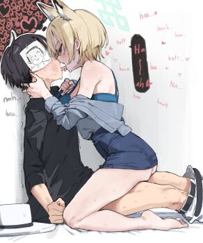 Rule 34 | 1boy, 1girl, absurdres, animal ear fluff, animal ears, assertive female, barefoot, blue archive, blue halo, blue necktie, blue shirt, blush, cowgirl position, dog ears, dog girl, extra ears, fedora, french kiss, from side, girl on top, hair over one eye, halo, hand on another's face, hat, heavy breathing, hetero, highres, kanna (blue archive), kanna (young) (blue archive), kiss, lonklink, moaning, necktie, office lady, paper on head, sensei (blue archive), sex, sharp teeth, shirt, sound effects, speech bubble, straddling, teeth, thought bubble, tongue, tongue out