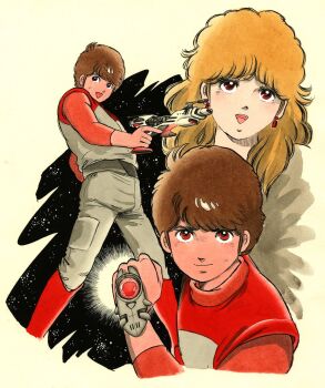 Rule 34 | 1boy, 1girl, belt, black belt, blonde hair, boots, brown hair, clarissa macdougall, closed mouth, commentary request, earrings, energy gun, grey jacket, grey pants, gun, hand up, highres, holding, holding gun, holding weapon, jacket, jewelry, kimball kinnison, knee boots, lensman, looking at viewer, medium hair, miura mitsuru, multicolored jacket, multiple views, official art, open mouth, pants, red boots, red eyes, red jacket, red shirt, science fiction, shirt, sleeveless, sleeveless jacket, smile, space, star (sky), two-tone jacket, weapon