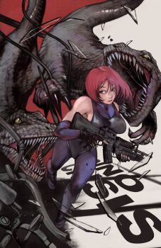 1girl assault_rifle bare_shoulders black_gloves black_leotard bodysuit bodysuit_under_clothes breasts broken_glass chasing dino_crisis dinosaur elbow_gloves english_text fingerless_gloves glass gloves grey_bodysuit gun highres holding holding_weapon industrial_pipe large_breasts leotard nyami raptor red_hair regina_(dino_crisis) rifle short_hair simple_background skin_tight solo spandex turtleneck turtleneck_bodysuit weapon wire