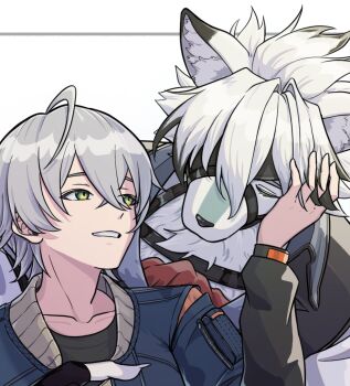 2boys ahoge animal_ears ascot behind_another black_gloves black_shirt blue_jacket body_fur closed_eyes collarbone collared_vest colored_tips commentary_request crossed_bangs fingerless_gloves furry furry_male furry_with_non-furry gloves green_eyes grey_hair grey_vest hair_between_eyes hand_on_another&#039;s_head highres hiirono_bangboo interspecies jacket looking_at_another male_focus multicolored_hair multiple_boys muzzle_(mask) parted_lips portrait red_ascot shirt short_hair vest von_lycaon white_fur white_hair white_shirt wise_(zenless_zone_zero) wolf_boy wolf_ears yaoi zenless_zone_zero