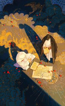 2boys altair_ibn_la-ahad arabic_text assassin's_creed_(series) backless_outfit belt belt_around_waist black_coat black_hair black_shoes book brown_belt coat coat_on_shoulders from_above full_body highres holding holding_book indian_style islam iyzlime keffiyeh long_coat long_sleeves male_focus malik_al-sayf map multiple_boys mural open_clothes open_coat painterly petals red_belt red_petals robe rose_petals shadow shoes sitting standing white_robe