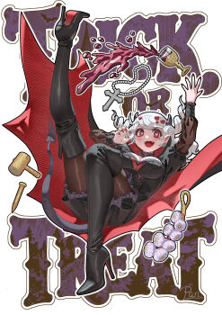 1girl absurdres black_horns cup demon demon_girl demon_horns demon_tail drinking_glass fangs garlic halloween hammer happy heart heart-shaped_pupils helltaker highres horns looking_to_the_side modeus_(helltaker) pandawei red_eyes red_nails symbol-shaped_pupils tail trick_or_treat vampire white_hair wine_glass