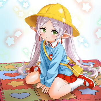 absurdres aged_down bag child earrings elf flatculture frieren green_eyes grey_hair hat highres jewelry kindergarten kindergarten_uniform light_smile name_tag pointy_ears red_footwear shoulder_bag sitting skirt smock socks sousou_no_frieren star_(symbol) twintails wariza yellow_hat