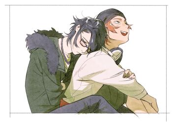 Rule 34 | 2boys, black jacket, black pants, blue hair, blue pants, blush, brown eyes, closed mouth, commentary, english commentary, from side, fur-trimmed hood, fur trim, fushimi saruhiko, head on another's back, head rest, headphones, headphones around neck, highres, hood, hood down, hooded jacket, jacket, k-project, looking to the side, looking up, male focus, multiple boys, open mouth, pants, parted bangs, red hair, shirt, shy, sideways glance, sitting, teeth, treslech3s, upper teeth only, white background, white shirt, yaoi, yata misaki