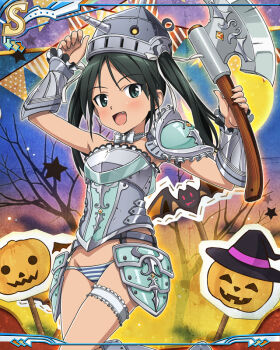1girl armor artist_request black_hair blush dark-skinned_female dark_skin fang feet_out_of_frame francesca_lucchini green_eyes halloween halloween_costume holding holding_weapon jack-o&#039;-lantern long_hair moon night no_pants official_art open_mouth panties pumpkin standing star_(sky) strike_witches striped_clothes striped_panties tree twintails underwear weapon world_witches_series