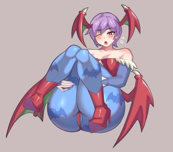 1girl ass bare_shoulders blush boots breasts bridal_gauntlets cameltoe capcom darkstalkers head_wings high_heel_boots high_heels highres huge_ass leg_hold legs leotard lilith_(darkstalkers) open_mouth pantyhose purple_hair red_eyes short_hair small_breasts solo thick_thighs thighs thong thong_leotard wings ytrall