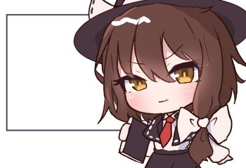 Rule 34 | 1girl, asymmetrical hair, black capelet, black hat, black skirt, blush, book, bow, brown eyes, capelet, chibi, collared shirt, commentary, cowboy shot, english commentary, hair bow, hat, hat bow, holding, holding book, long sleeves, medium hair, necktie, oreo (wallpaper40502), red necktie, ribbon-trimmed capelet, ribbon trim, shirt, shirt tucked in, skirt, smile, solo, touhou, usami renko, white background, white bow, white shirt, yellow eyes