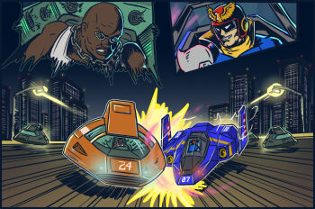 2boys action aircraft armor bald bare_shoulders battle blue_coat blue_falcon captain_falcon chain chain_around_neck city clash clenched_teeth close-up coat dark-skinned_male dark_skin f-zero f-zero_gx flying_car grin helmet high_collar hover_vehicle jrcomicart lamppost male_focus mask michael_chain multiple_boys nintendo pauldrons race_vehicle red_headwear scarf science_fiction shoulder_armor single_pauldron smile sunglasses tank_top teeth white_eyes white_tank_top wild_boar yellow_scarf