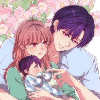1girl 2boys ahoge arthur_morante baby blue_shirt character_request closed_mouth commentary english_commentary enjelicious floral_background flower_request gwen_zalameda hello_baby_(enjelicious) highres long_hair multiple_boys onesie pale_skin parted_lips pink_hair pink_lips purple_hair red_eyes shirt short_hair