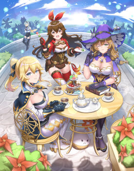 4girls amber_(genshin_impact) artist_name black_bow blonde_hair blue_capelet blue_eyes blue_hair blue_sky blush book bow breasts brown_eyes brown_hair brown_shorts burnt_green_tea capelet chair cleavage cloud commentary cup dango day detached_sleeves english_commentary eula_(genshin_impact) food genshin_impact grin hair_between_eyes hair_bow hair_ribbon hat high_heels highres holding holding_plate jacket jean_(genshin_impact) large_breasts leggings lisa_(genshin_impact) long_hair long_sleeves looking_at_viewer medium_breasts multiple_girls outdoors pants parted_lips plate ponytail pouch purple_capelet purple_hat red_jacket red_ribbon revision ribbon sanshoku_dango shirt short_shorts shorts sidelocks sitting sky smile strapless strapless_shirt table teacup teapot thighhighs tiered_tray vambraces wagashi white_pants witch_hat