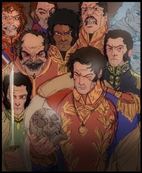 6+boys antonio_jose_de_sucre beard bernardo_o'higgins black_border black_eyes black_hair border brown_eyes brown_hair cape clenched_teeth closed_eyes closed_mouth commentary dark-skinned_male dark_skin english_commentary epaulettes facial_hair francisco_de_mirada francisco_de_paula_santander frown furrowed_brow hair_slicked_back highres holding holding_skull holding_sword holding_weapon invincible_(series) jewelry jose_antonio_paez jose_de_san_martin jose_gervasio_artigas looking_at_viewer male_focus medal medallion meme military military_uniform multiple_boys mustache necklace old open_mouth pendant saber_(weapon) sanpaku scar scar_on_face short_hair simon_bolivar skull skull_necklace smile sword teeth thick_eyebrows tupac_amaru_ii upper_body v-shaped_eyebrows vicente_guerrero viltrumite_group_shot_(meme) weapon wrinkled_skin zeon