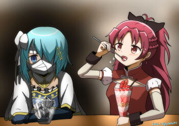 Rule 34 | bandaged head, bandages, black bow, blue dress, blue eyes, blue gloves, blue sleeves, blurry, blurry background, blush, bow, braid, breasts, cape, collar, commentary request, crossed arms, cube, cup, detached sleeves, dress, eating, elbow rest, food, fortissimo, frilled dress, frills, fruit, glass, gloves, grey sleeves, hair bow, hair ornament, highres, ice cream, long hair, looking at viewer, mahou shoujo madoka magica, mahou shoujo madoka magica: walpurgis no kaiten, medium breasts, miki sayaka, miki sayaka (magical girl), musical note, musical note hair ornament, one eye covered, patato141, pocky, ponytail, puffy short sleeves, puffy sleeves, red eyes, red hair, sakura kyoko, sakura kyoko (magical girl), short hair, short sleeves, side braid, sidelocks, soul gem, strawberry, strawberry slice, table, upper body, utensil in mouth, whipped cream, white bow, white cape, white collar