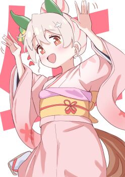 Rule 34 | 1girl, :d, animal ears, blush, brown eyes, commentary, ear covers, extra ears, hair between eyes, hair bun, hair ornament, hands up, highres, horse ears, horse tail, jacket, japanese clothes, kemonomimi mode, kimono, kouno marika, long sleeves, looking at viewer, obi, onii-chan wa oshimai!, open clothes, open jacket, open mouth, oyama mahiro, pink kimono, riannn desu, sandals, sash, silence suzuka (umamusume), single hair bun, smile, socks, solo, tail, umamusume, voice actor connection, white socks, wide sleeves, zouri