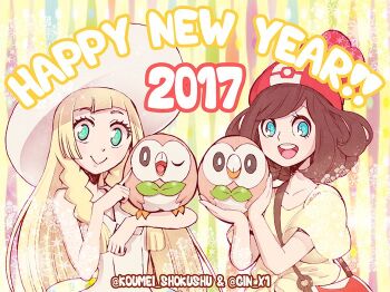 Rule 34 | 2017, 2girls, artist name, bag, beanie, black hair, blonde hair, blunt bangs, braid, closed mouth, dress, gen 7 pokemon, gin x1, green eyes, handbag, happy new year, hat, holding, lillie (pokemon), long hair, multiple girls, new year, nintendo, open mouth, pocketbook, pokemon, pokemon (creature), pokemon sm, red hat, rowlet, selene (pokemon), short hair, short sleeves, sleeveless, sleeveless dress, smile, sun hat, swept bangs, twin braids, twitter username, white dress, white hat