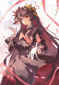 1girl absurdres armband artist_request black_capelet black_hair black_shirt black_skirt capelet closed_mouth commentary commission confetti cowboy_shot crown english_commentary flower hair_flower hair_ornament hand_up highres long_hair long_sleeves looking_at_viewer mahou_shoujo_no_majo_saiban necktie nikaido_hiro petals red_armband red_eyes red_flower red_necktie second-party_source shirt skirt smile solo streamers