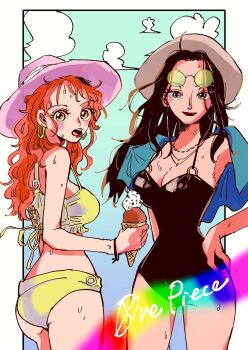 Rule 34 | 2girls, bikini, black one-piece swimsuit, commentary, copyright name, cowboy shot, eyewear on head, food, hebi d hebi, highres, holding, holding food, holding ice cream, ice cream, long hair, looking at viewer, looking back, multiple girls, nami (one piece), nico robin, o-ring, one-piece swimsuit, one piece, orange hair, red lips, smile, swimsuit, tinted eyewear, yellow-tinted eyewear, yellow bikini