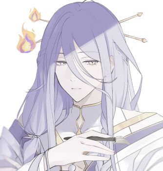 1boy bishounen braid closed_mouth commentary english_commentary expressionless eyelashes fire first_stage_production hair_between_eyes highres holding holding_paintbrush long_hair long_sleeves looking_to_the_side male_focus paintbrush purple_hair shiki_katagami sidelighting solo sooblyz upper_body very_long_hair virtual_youtuber white_background
