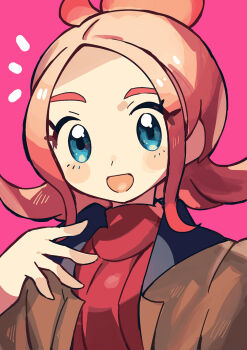 1girl :d anidler91 blonde_hair blue_eyes brown_jacket eyelashes highres jacket looking_at_viewer nintendo open_clothes open_jacket open_mouth pink_background pokemon pokemon_legends:_z-a red_shirt shirt short_hair smile solo taunie_(pokemon) upper_body