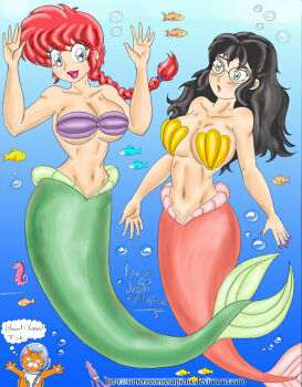 10s 2012 2girls animal april ariel_(disney) ariel_(disney)_(cosplay) bikini bikini_top_only black_hair blue_eyes braid breasts bubble cat cleavage collarbone commission cosplay crossover dated disney diving_helmet fish glasses green_eyes helmet highres kimbawest kimbawest_(character) large_breasts long_hair looking_at_another looking_at_viewer melody_(disney) melody_(disney)_(cosplay) mermaid monster_girl multiple_girls navel ocean open_mouth orange_fur original oxygen_tank purple_bikini ranma-chan ranma_1/2 red_hair red_lips red_nails saotome_ranma seahorse shell shell_bikini single_braid smile speech_bubble squid star_(symbol) supergeorgesapiens swimming swimsuit the_little_mermaid_(disney) thought_bubble tongue tongue_out underwater water yellow_bikini